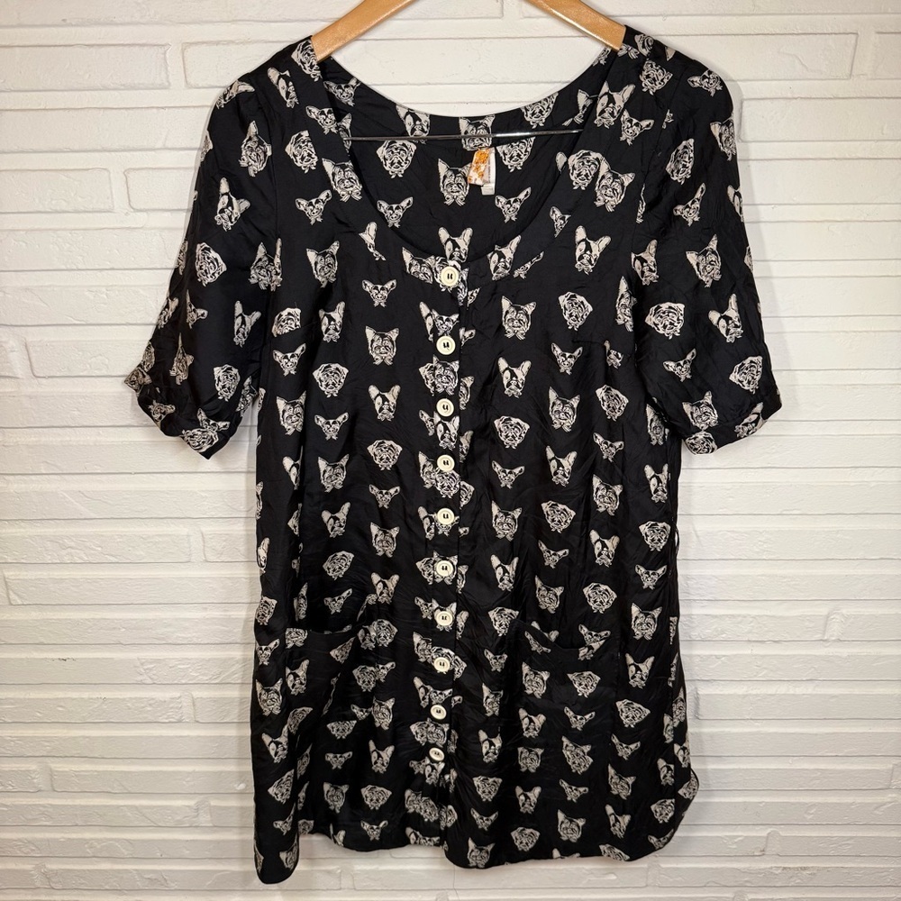 Maeve Black and White Dog Print Button Up Silk Dress, Women’s Size Small